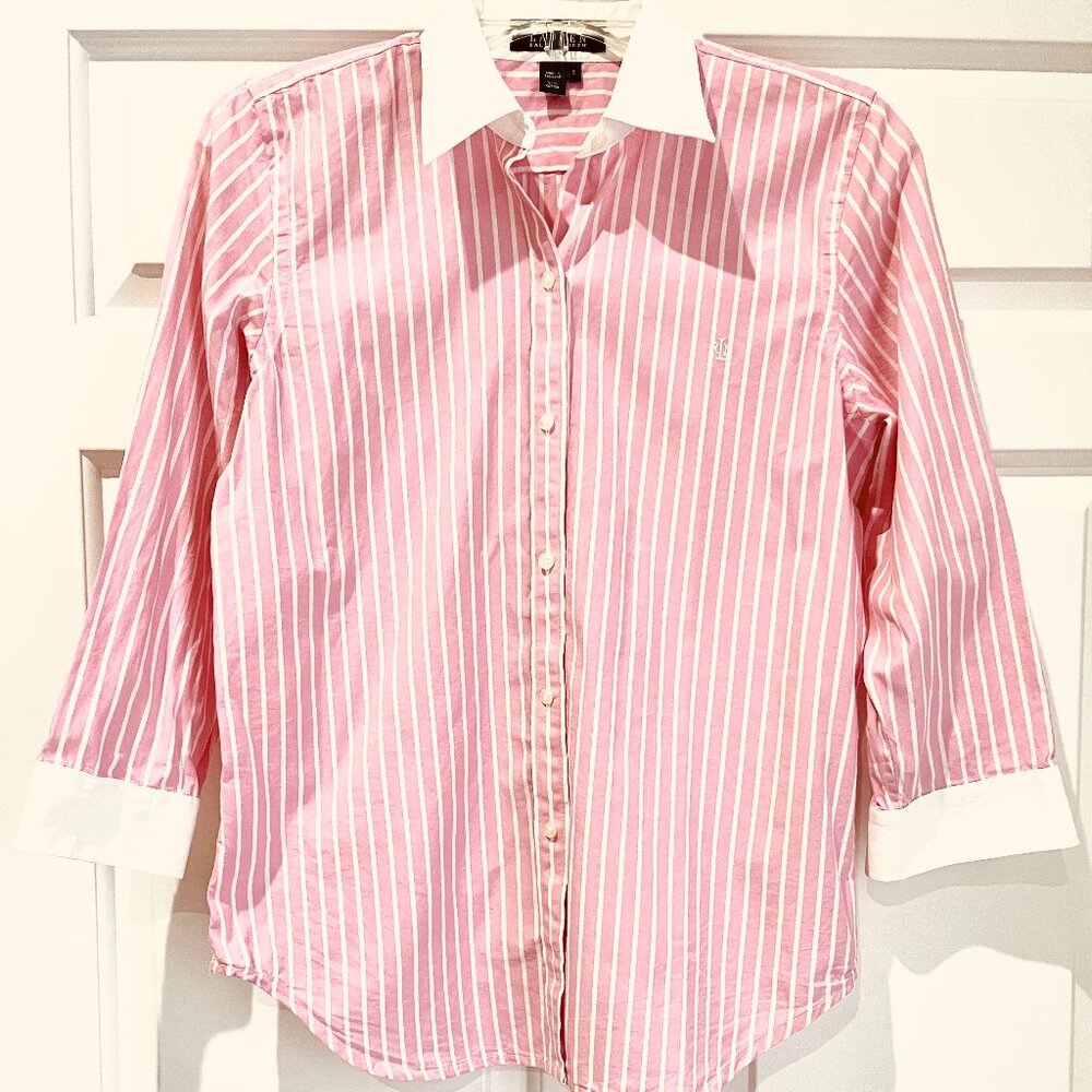 Lauren Ralph Lauren 100% Cotton Pink White Striped Button-Up Blouse S